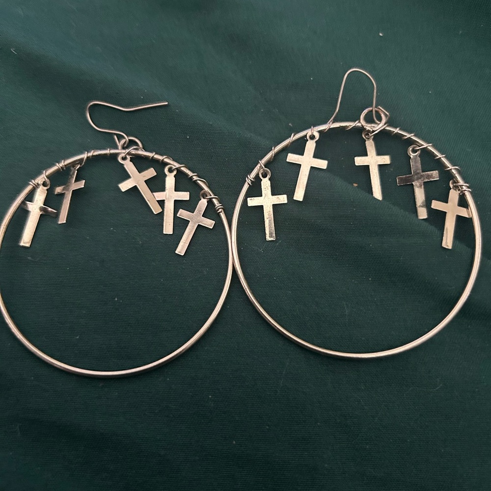 Silver Cross Hoop Earrings